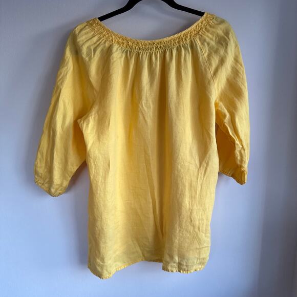 Charter Club Linen Embroidered Blouse Yellow Peasant Shirred 3/4 Sleeve Sz 12 - Picture 4 of 4
